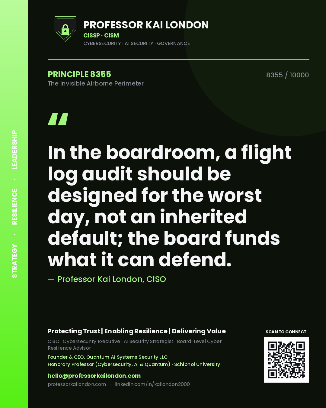 Quote card by Professor Kai London reading 'In the boardroom, a flight log audit should be designed for the worst day, not an inherited default; the board funds what it can defend.'. From the book The Invisible Airborne Perimeter.