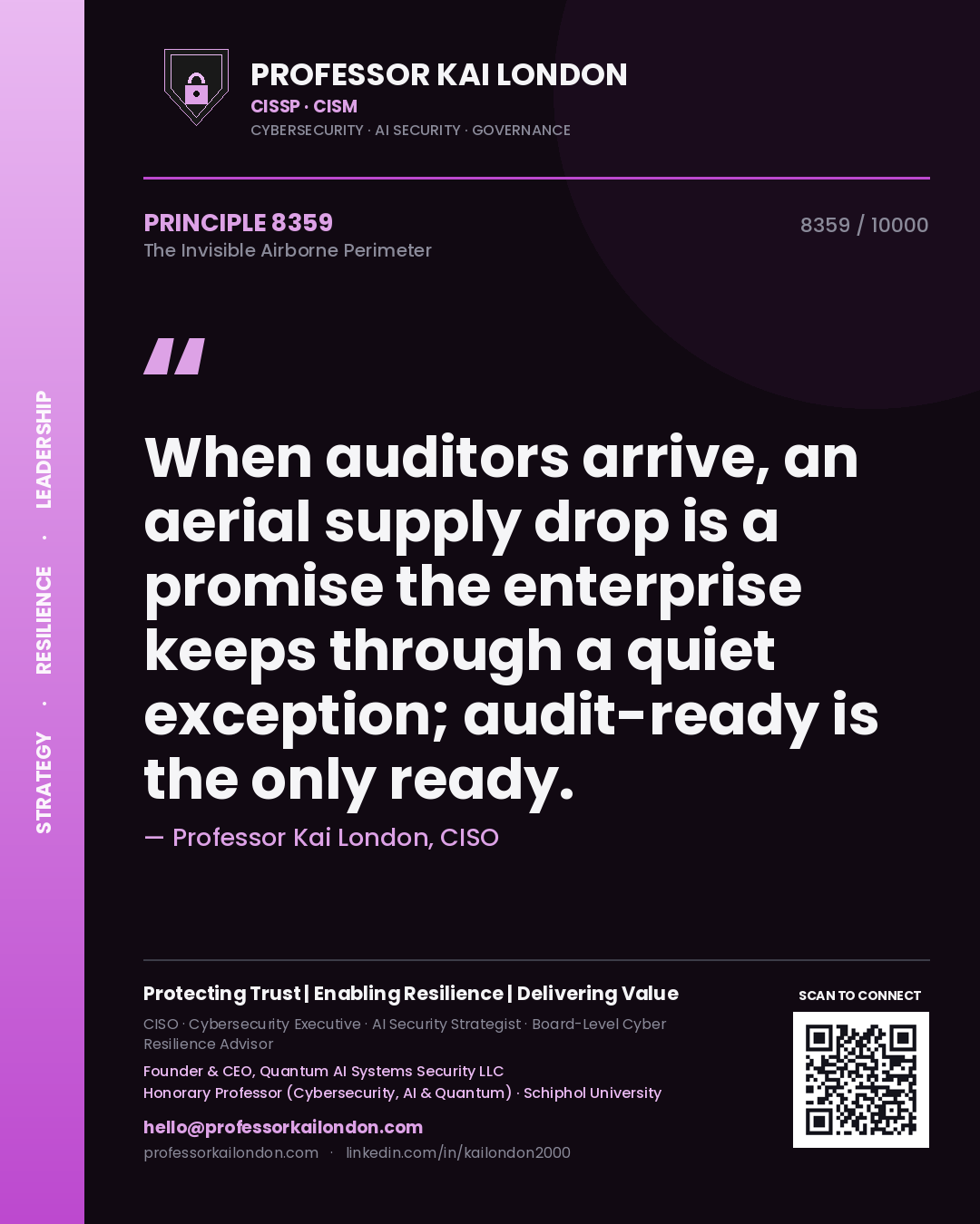 Quote card by Professor Kai London reading 'When auditors arrive, an aerial supply drop is a promise the enterprise keeps through a quiet exception; audit-ready is the only ready.'. From the book The Invisible Airborne Perimeter.