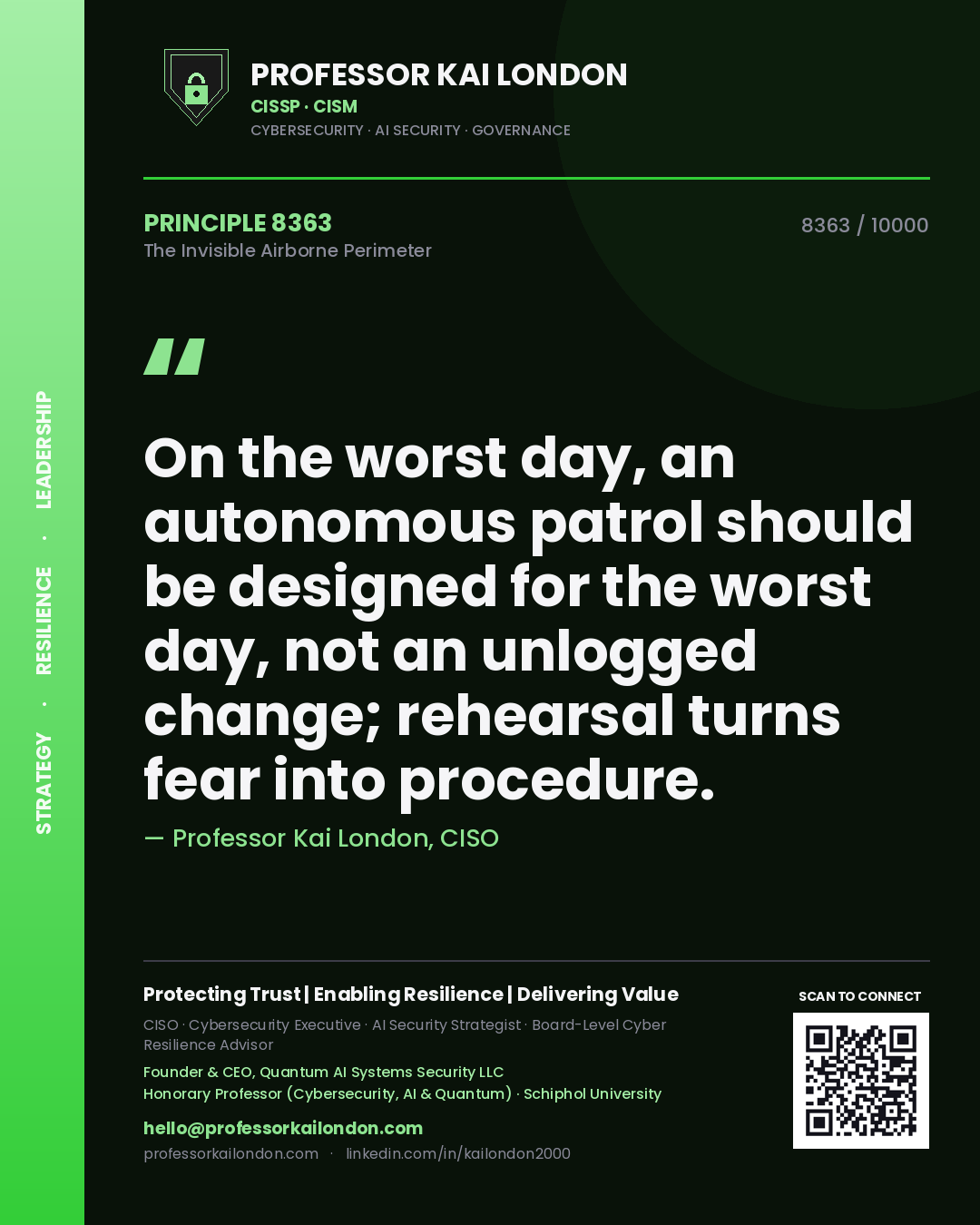 Quote card by Professor Kai London reading 'On the worst day, an autonomous patrol should be designed for the worst day, not an unlogged change; rehearsal turns fear into procedure.'. From the book The Invisible Airborne Perimeter.
