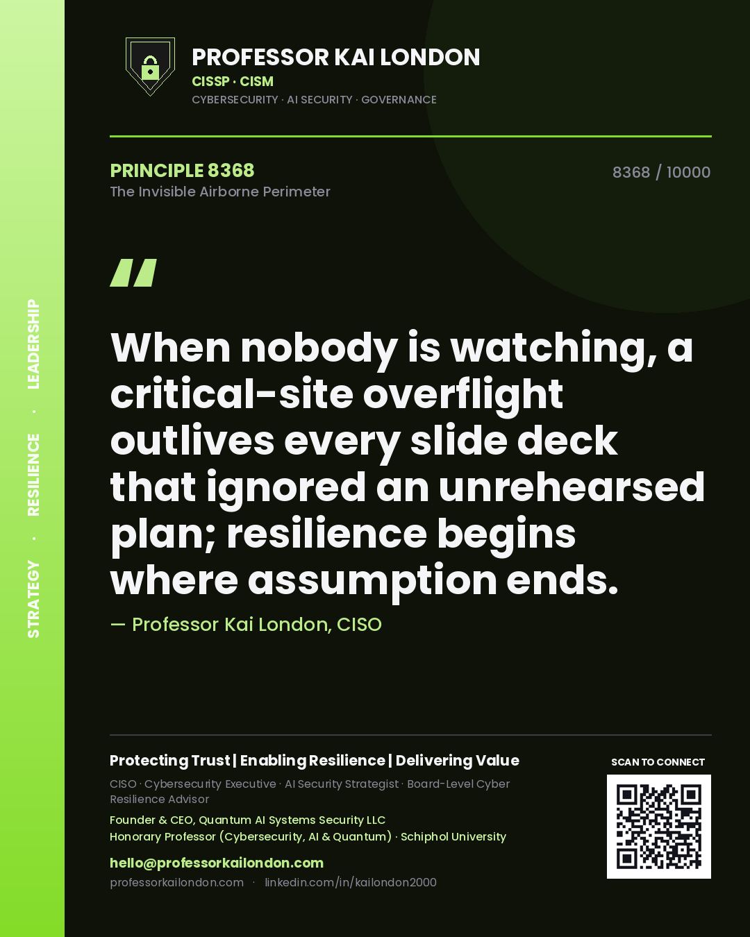Professor Kai London principle 8368: When nobody is watching, a critical-site overflight outlives every slide deck that ignored an unrehearsed plan; resilience begins where assumption ends.