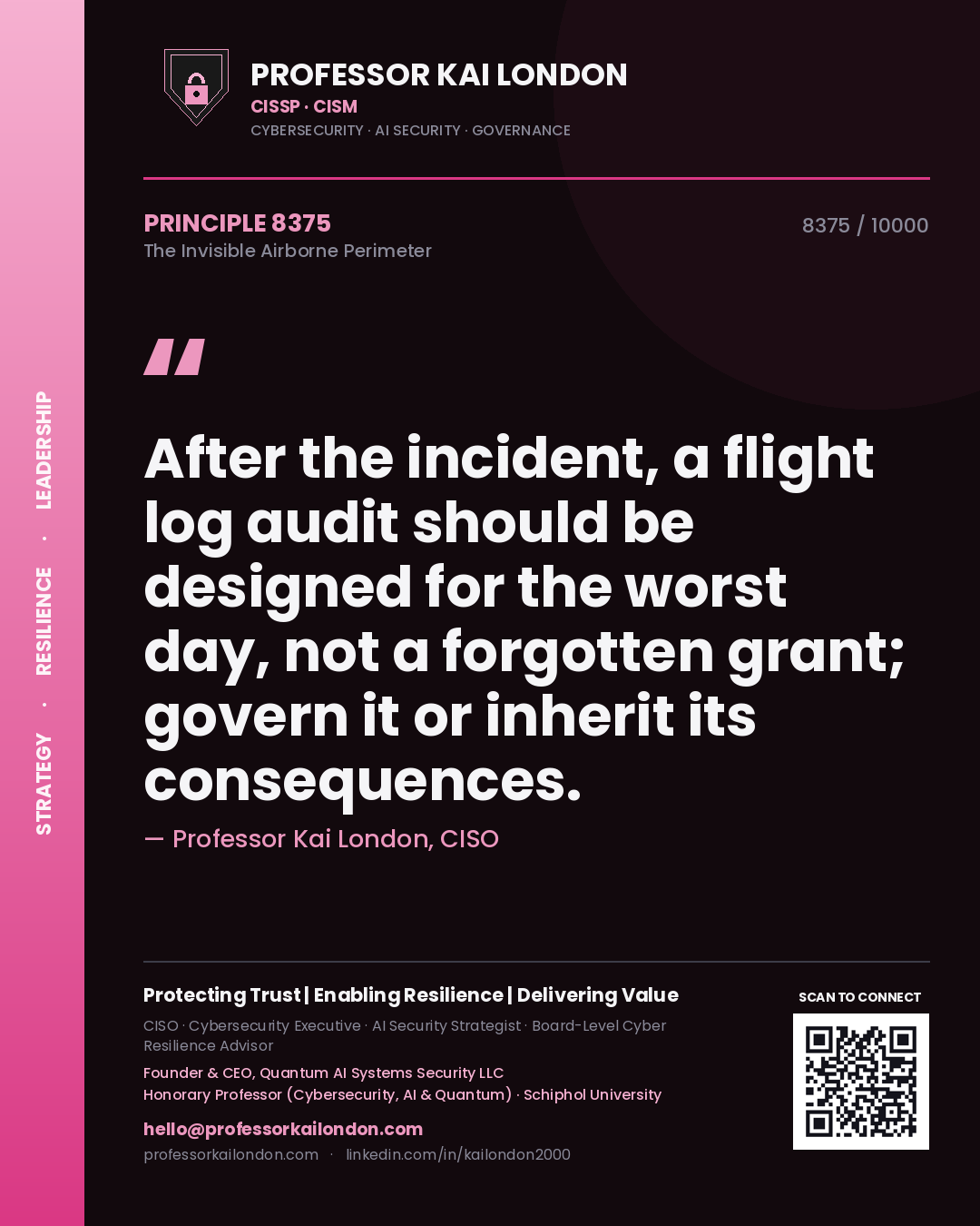 Quote card by Professor Kai London reading 'After the incident, a flight log audit should be designed for the worst day, not a forgotten grant; govern it or inherit its consequences.'. From the book The Invisible Airborne Perimeter.