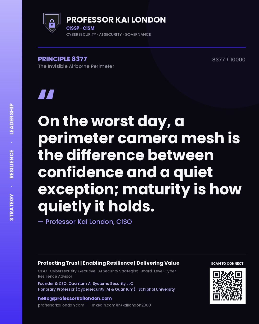 Quote card by Professor Kai London reading 'On the worst day, a perimeter camera mesh is the difference between confidence and a quiet exception; maturity is how quietly it holds.'. From the book The Invisible Airborne Perimeter.