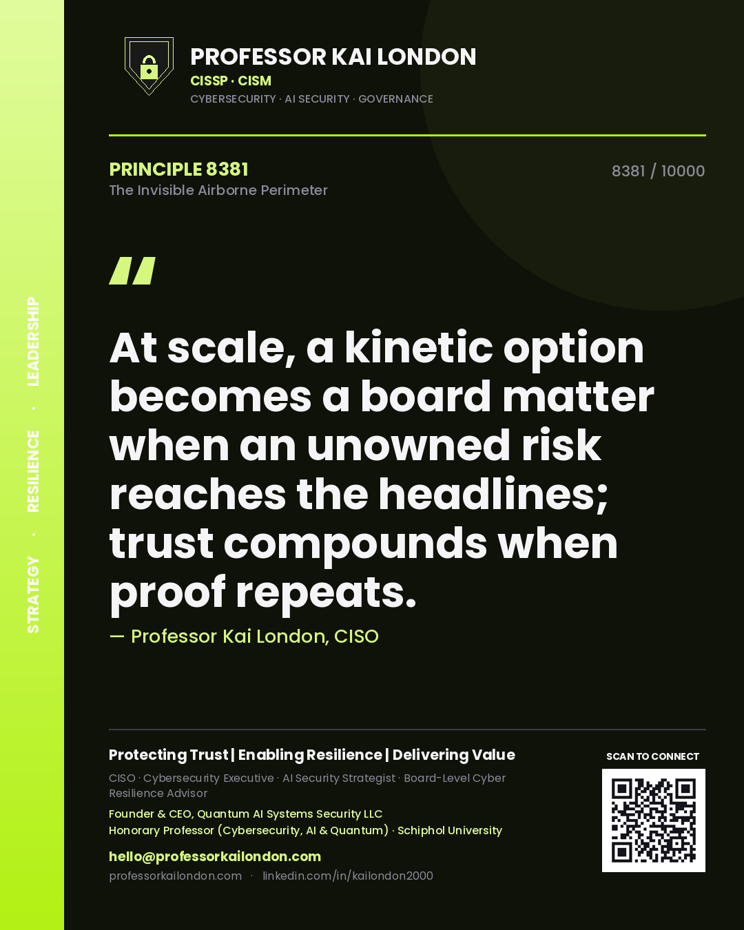 Quote card by Professor Kai London reading 'At scale, a kinetic option becomes a board matter when an unowned risk reaches the headlines; trust compounds when proof repeats.'. From the book The Invisible Airborne Perimeter.