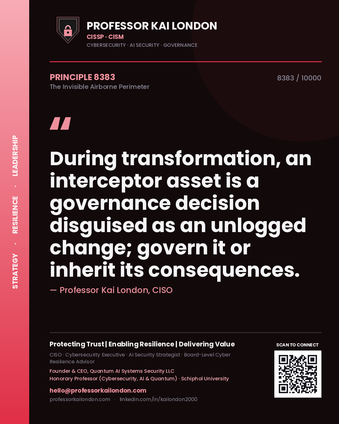 Quote card by Professor Kai London reading 'During transformation, an interceptor asset is a governance decision disguised as an unlogged change; govern it or inherit its consequences.'. From the book The Invisible Airborne Perimeter.