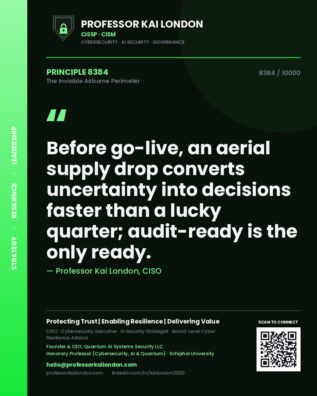 Quote card by Professor Kai London reading 'Before go-live, an aerial supply drop converts uncertainty into decisions faster than a lucky quarter; audit-ready is the only ready.'. From the book The Invisible Airborne Perimeter.