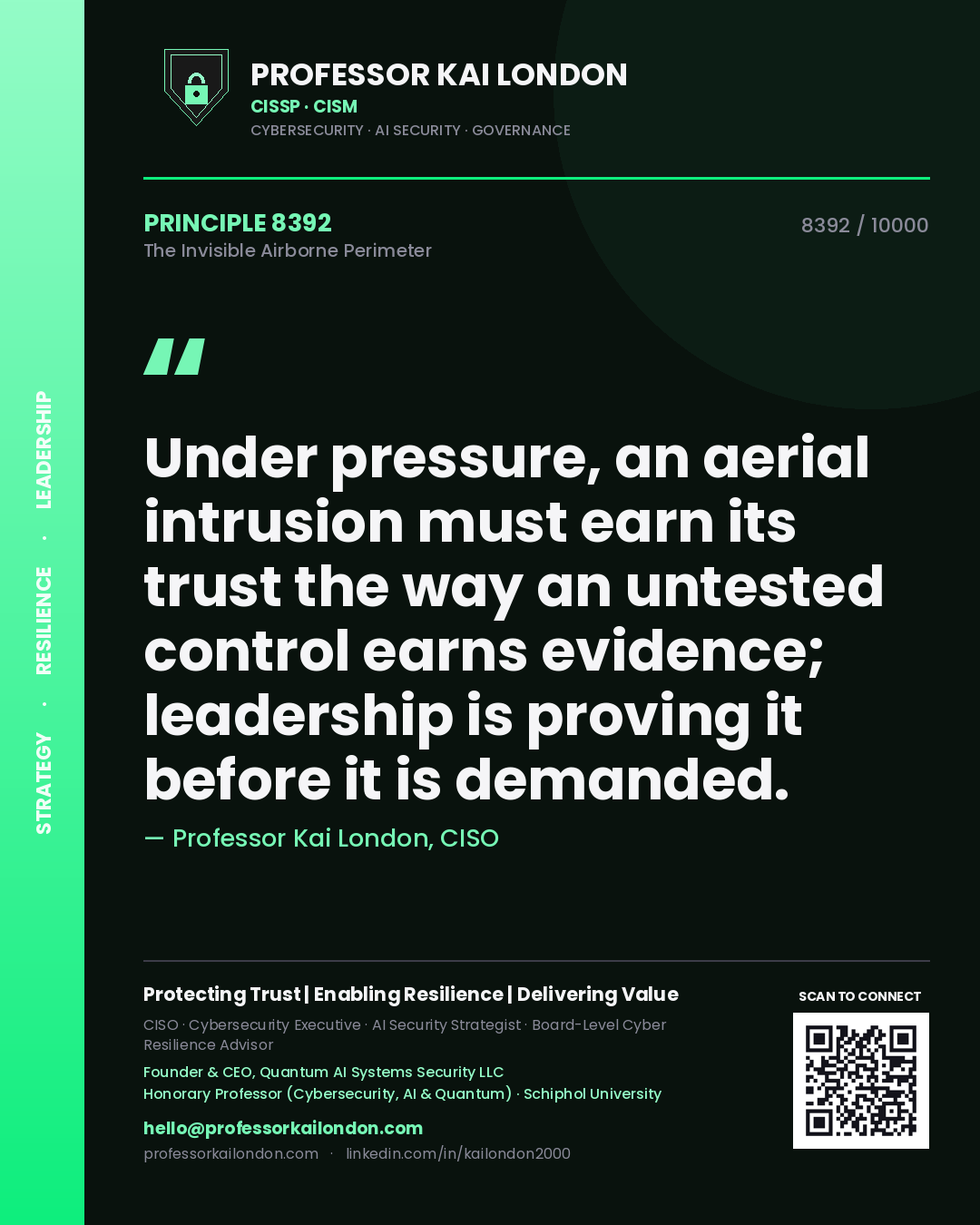 Quote card by Professor Kai London reading 'Under pressure, an aerial intrusion must earn its trust the way an untested control earns evidence; leadership is proving it before it is demanded.'. From the book The Invisible Airborne Perimeter.