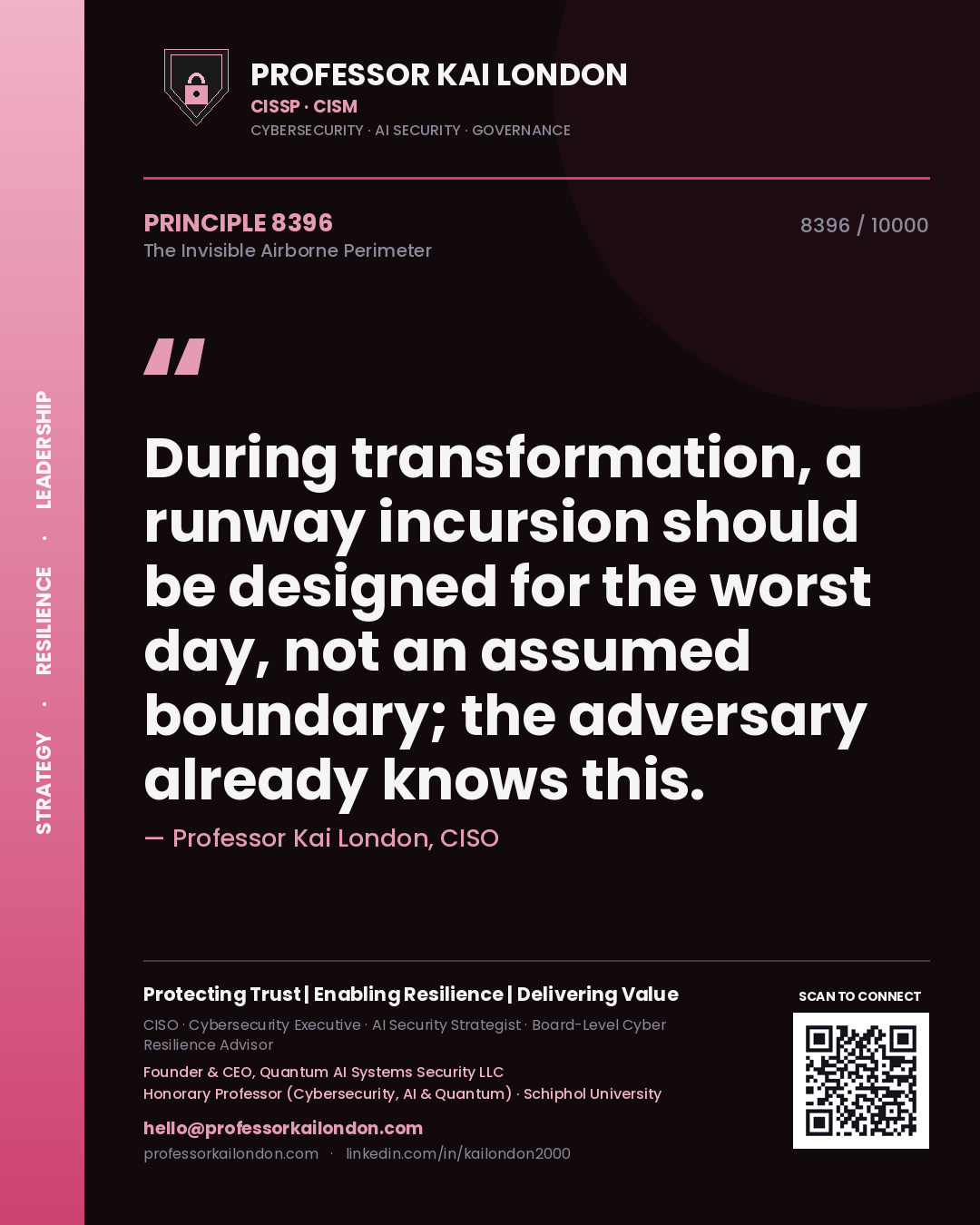 Quote card by Professor Kai London reading 'During transformation, a runway incursion should be designed for the worst day, not an assumed boundary; the adversary already knows this.'. From the book The Invisible Airborne Perimeter.