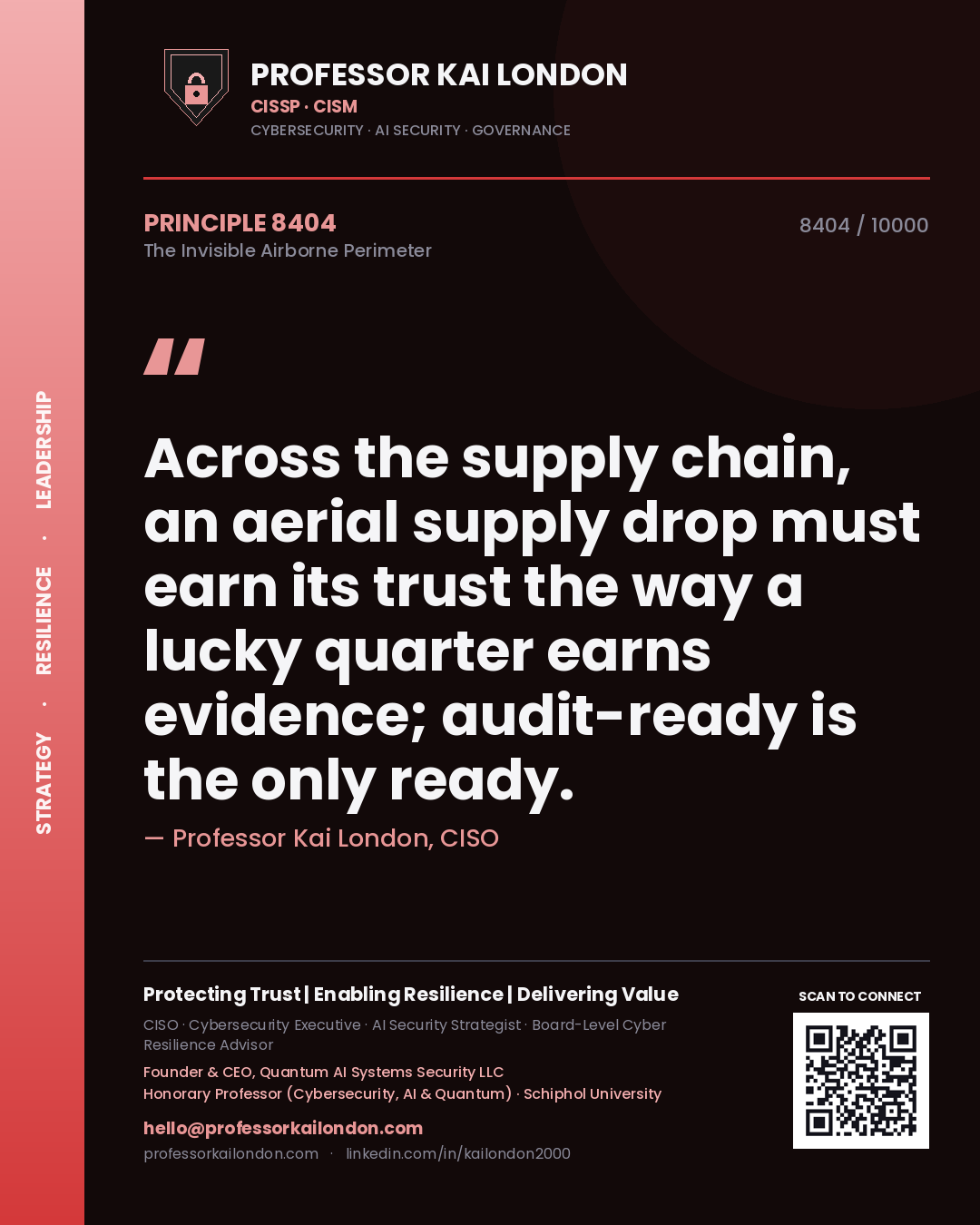 Quote card by Professor Kai London reading 'Across the supply chain, an aerial supply drop must earn its trust the way a lucky quarter earns evidence; audit-ready is the only ready.'. From the book The Invisible Airborne Perimeter.