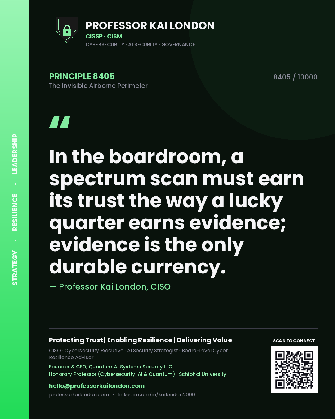 Quote card by Professor Kai London reading 'In the boardroom, a spectrum scan must earn its trust the way a lucky quarter earns evidence; evidence is the only durable currency.'. From the book The Invisible Airborne Perimeter.