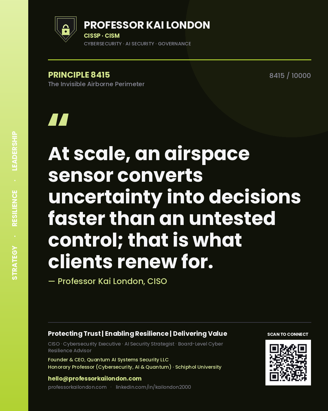 Professor Kai London principle 8415: At scale, an airspace sensor converts uncertainty into decisions faster than an untested control; that is what clients renew for.
