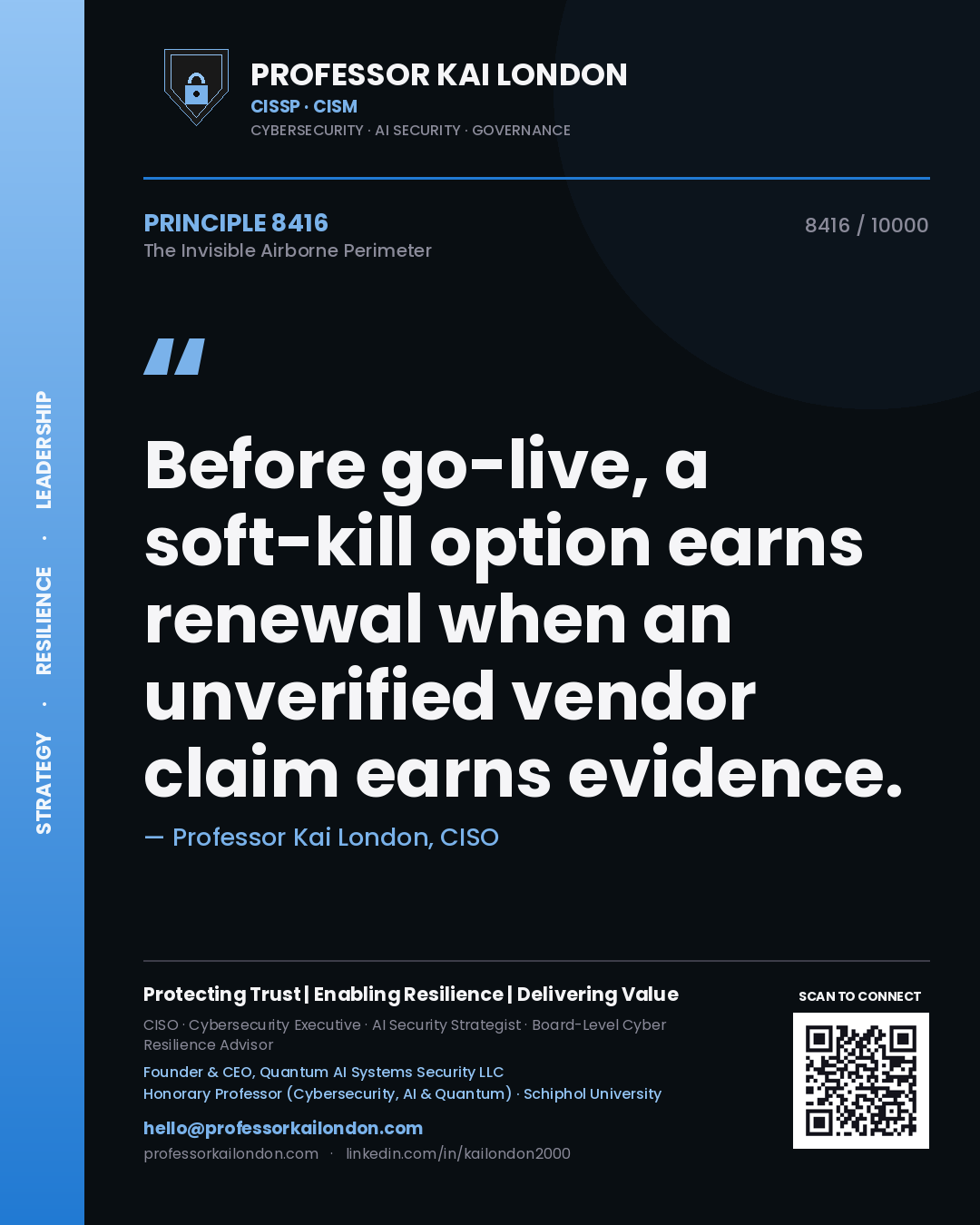 Quote card by Professor Kai London reading 'Before go-live, a soft-kill option earns renewal when an unverified vendor claim earns evidence.'. From the book The Invisible Airborne Perimeter.