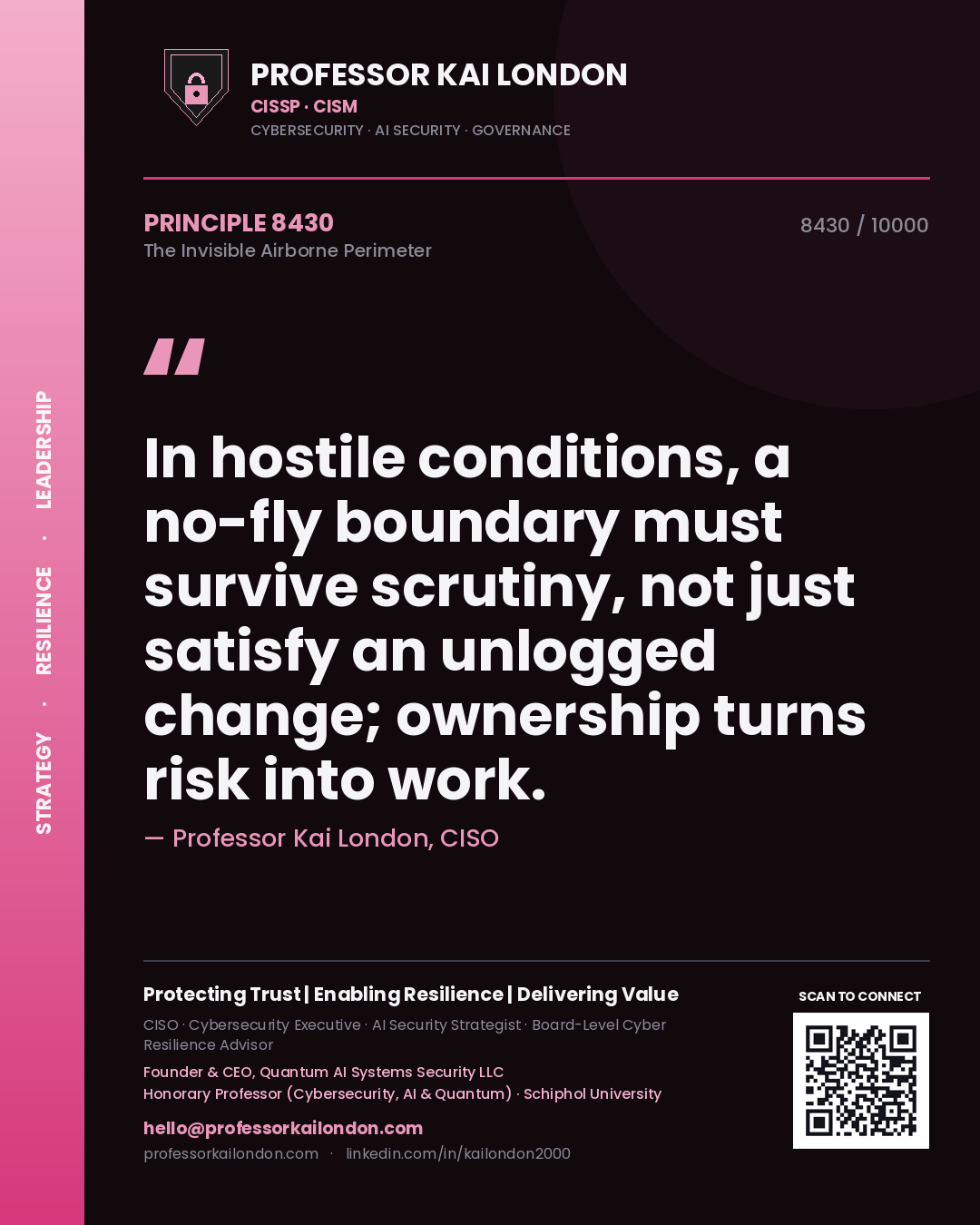 Quote card by Professor Kai London reading 'In hostile conditions, a no-fly boundary must survive scrutiny, not just satisfy an unlogged change; ownership turns risk into work.'. From the book The Invisible Airborne Perimeter.