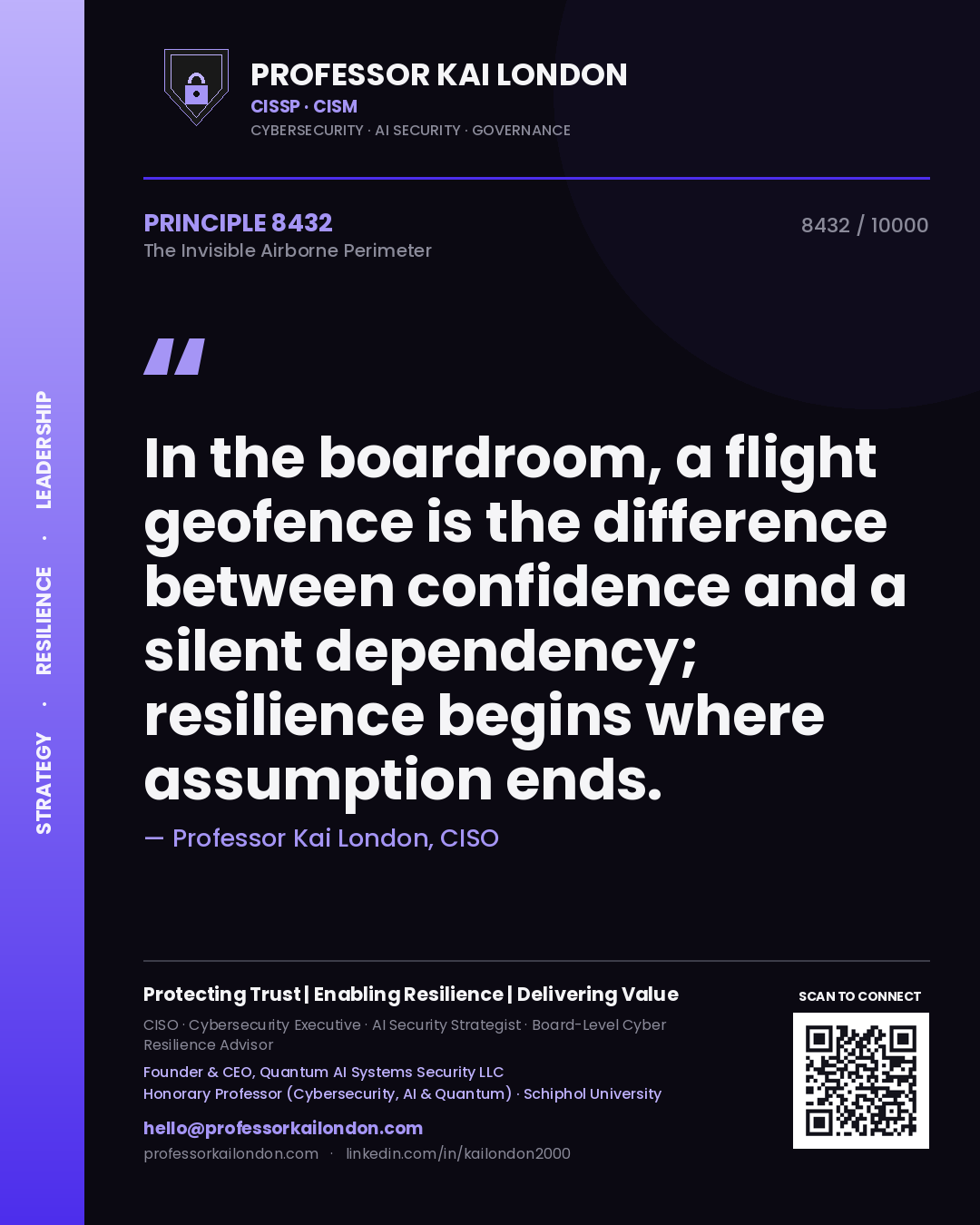 Quote card by Professor Kai London reading 'In the boardroom, a flight geofence is the difference between confidence and a silent dependency; resilience begins where assumption ends.'. From the book The Invisible Airborne Perimeter.