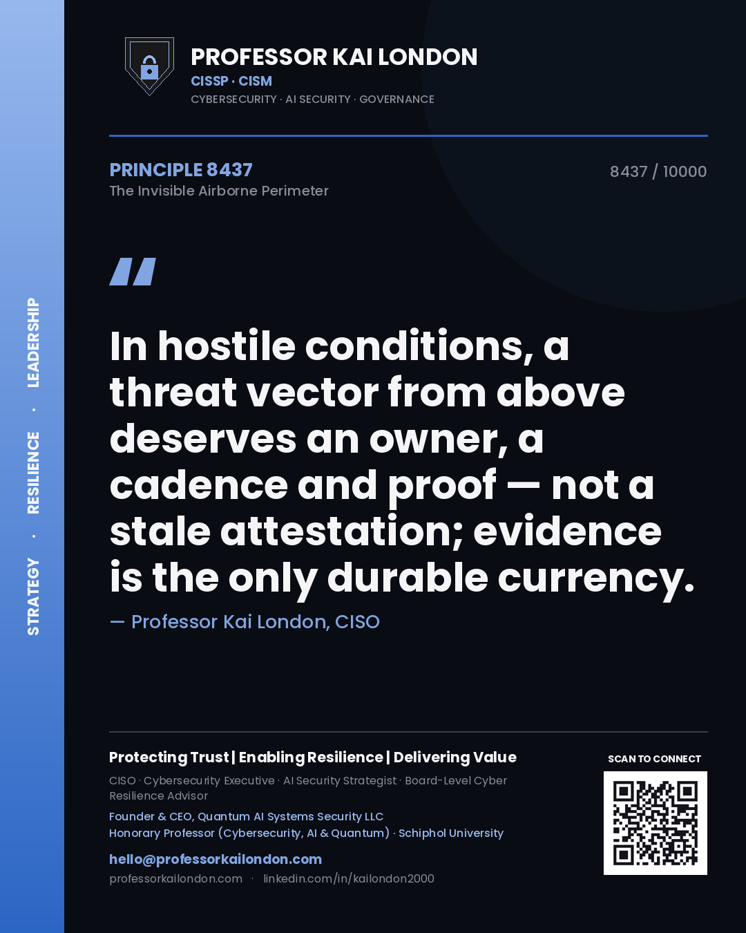 Quote card by Professor Kai London reading 'In hostile conditions, a threat vector from above deserves an owner, a cadence and proof — not a stale attestation; evidence is the only durable currency.'. From the book The Invisible Airborne Perimeter.