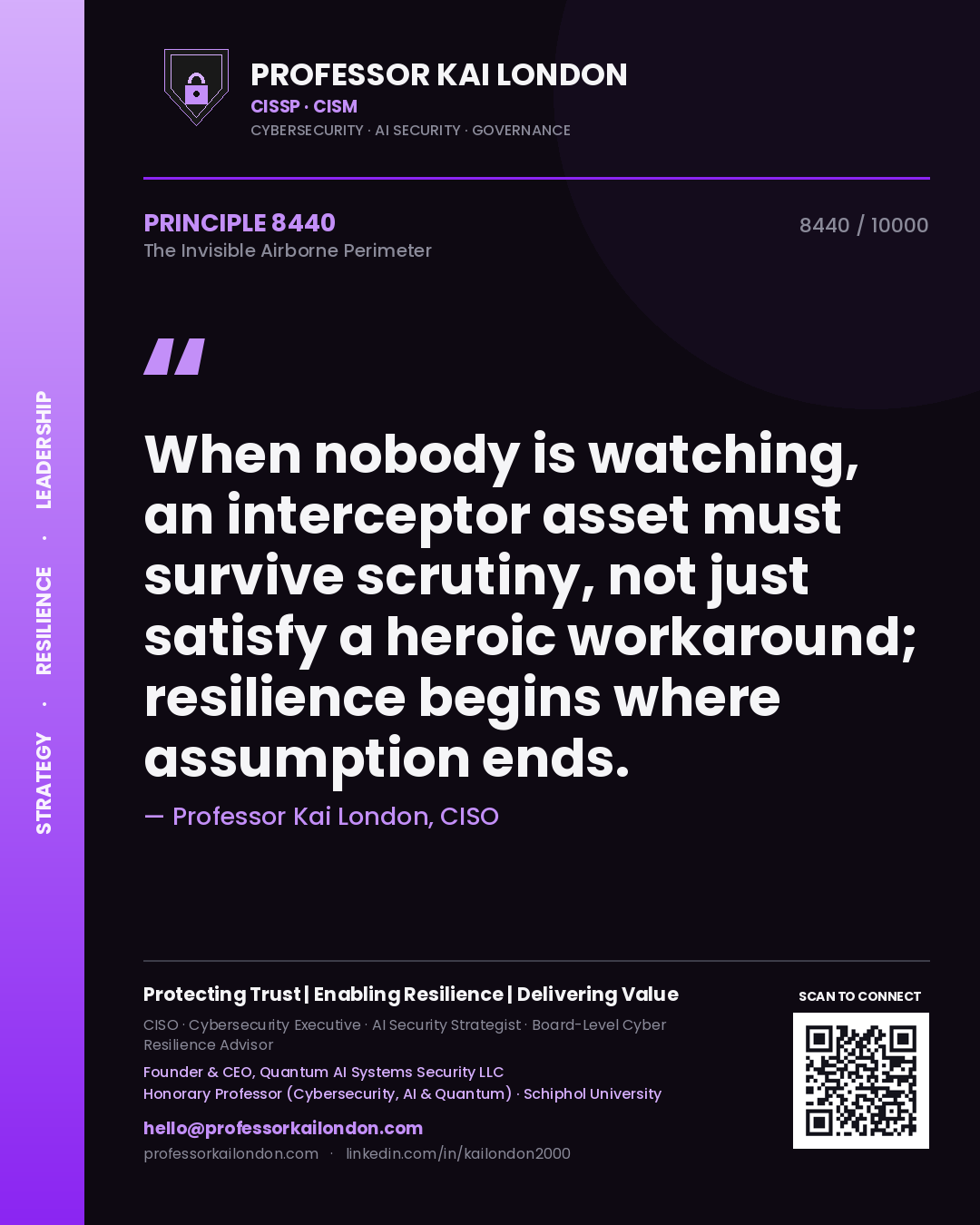 Quote card by Professor Kai London reading 'When nobody is watching, an interceptor asset must survive scrutiny, not just satisfy a heroic workaround; resilience begins where assumption ends.'. From the book The Invisible Airborne Perimeter.