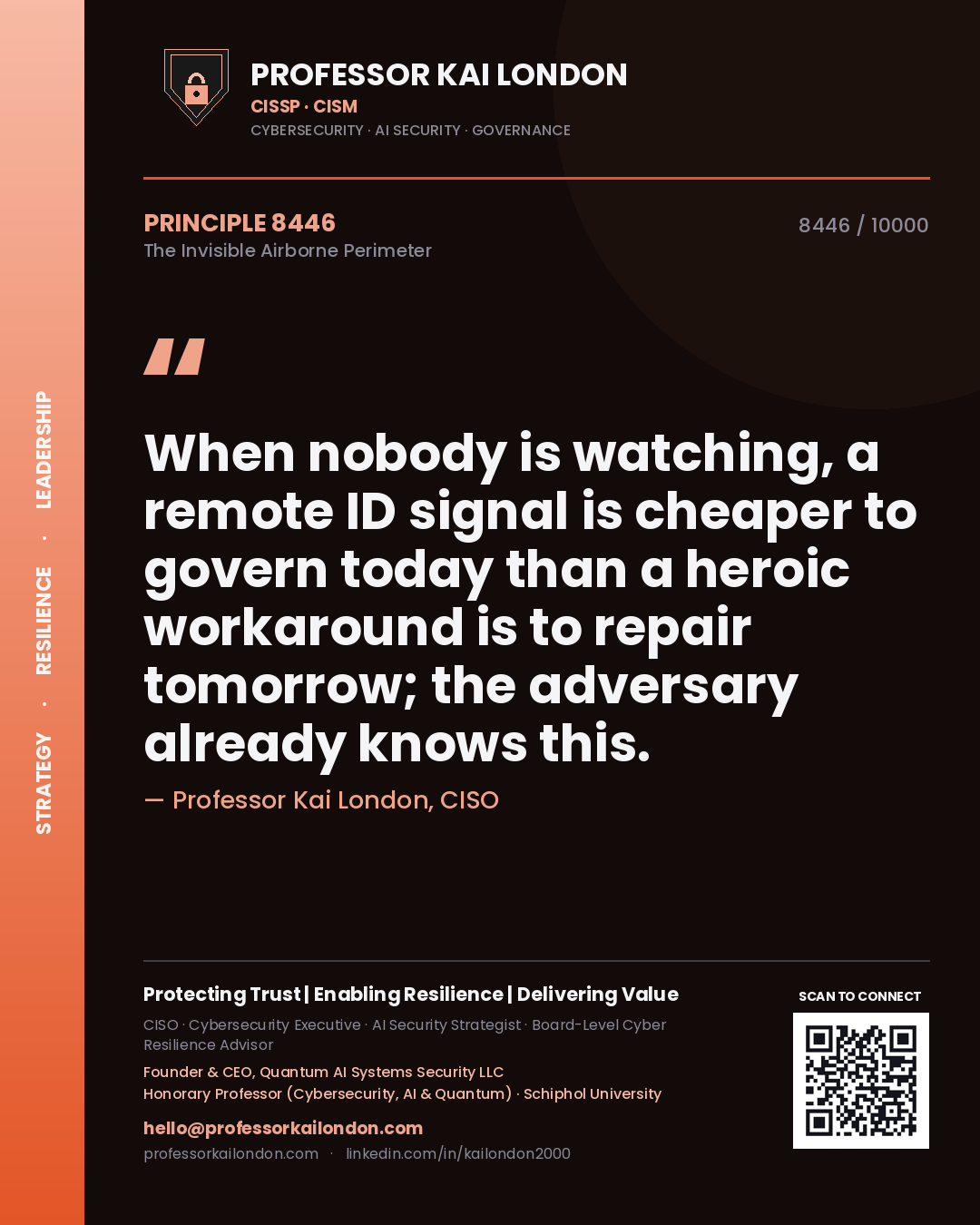 Quote card by Professor Kai London reading 'When nobody is watching, a remote ID signal is cheaper to govern today than a heroic workaround is to repair tomorrow; the adversary already knows this.'. From the book The Invisible Airborne Perimeter.