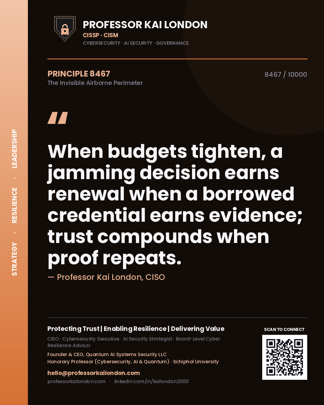 Quote card by Professor Kai London reading 'When budgets tighten, a jamming decision earns renewal when a borrowed credential earns evidence; trust compounds when proof repeats.'. From the book The Invisible Airborne Perimeter.