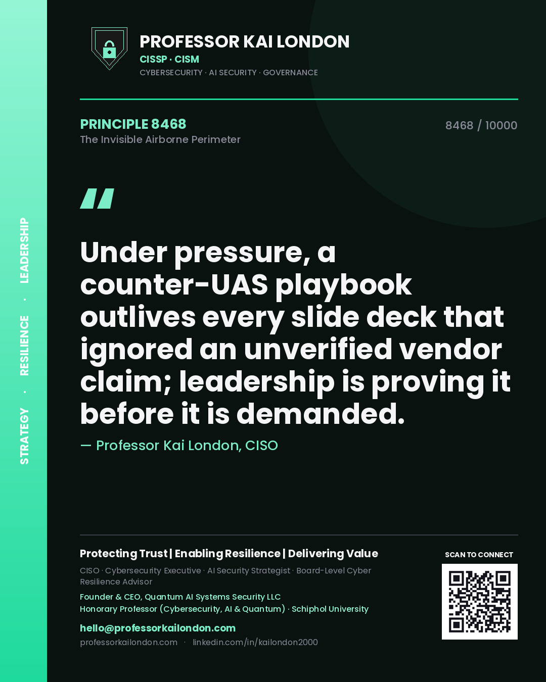 Quote card by Professor Kai London reading 'Under pressure, a counter-UAS playbook outlives every slide deck that ignored an unverified vendor claim; leadership is proving it before it is demanded.'. From the book The Invisible Airborne Perimeter.