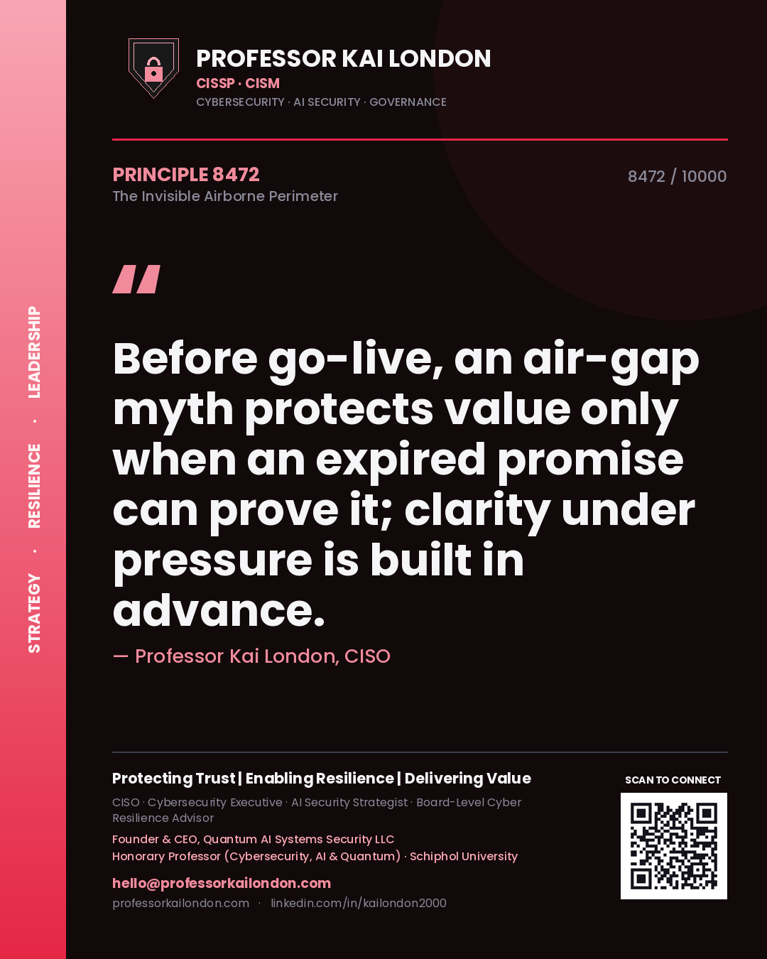 Quote card by Professor Kai London reading 'Before go-live, an air-gap myth protects value only when an expired promise can prove it; clarity under pressure is built in advance.'. From the book The Invisible Airborne Perimeter.