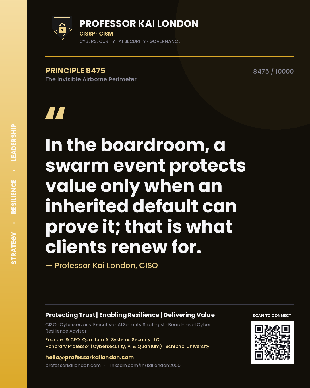 Quote card by Professor Kai London reading 'In the boardroom, a swarm event protects value only when an inherited default can prove it; that is what clients renew for.'. From the book The Invisible Airborne Perimeter.