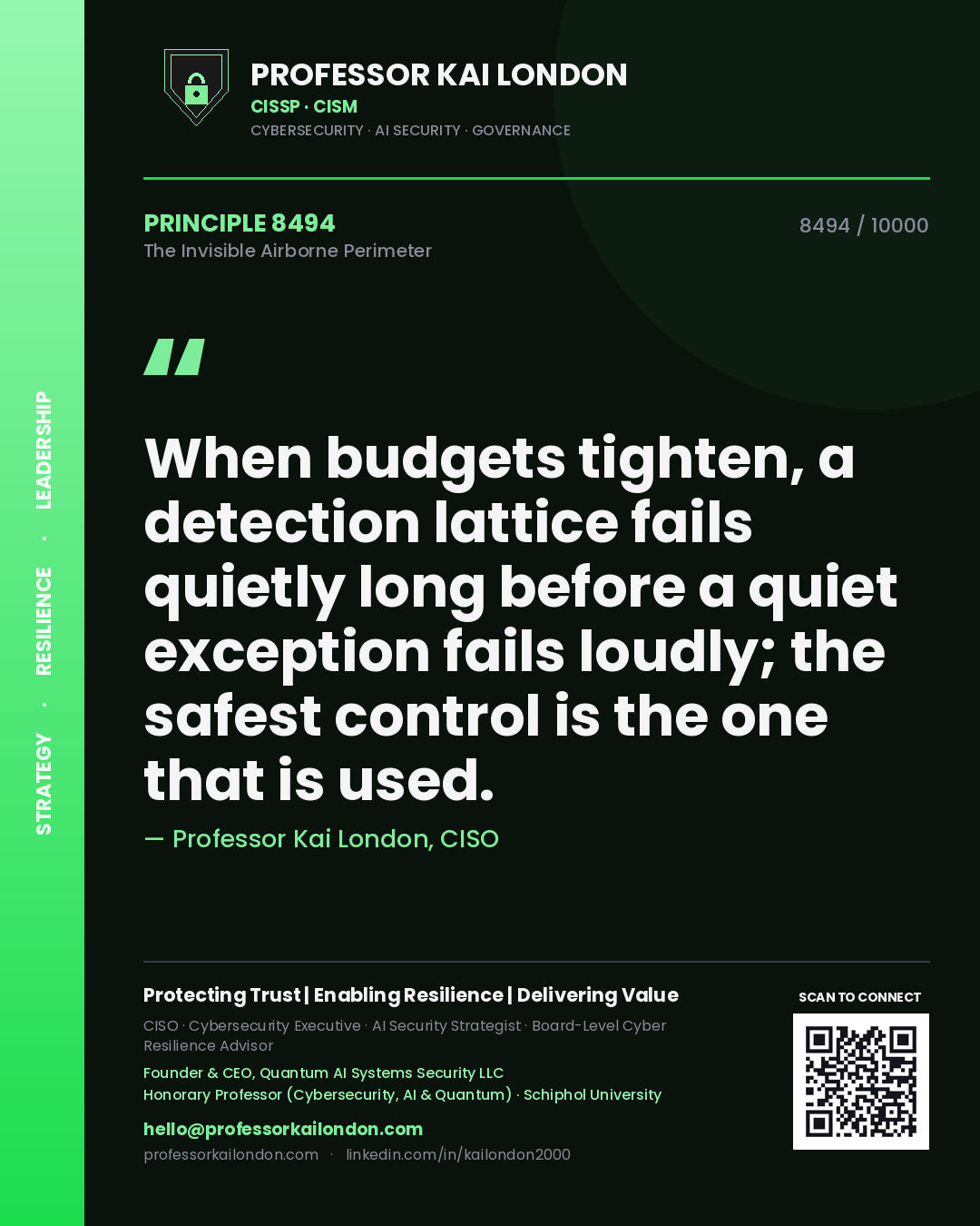 Quote card by Professor Kai London reading 'When budgets tighten, a detection lattice fails quietly long before a quiet exception fails loudly; the safest control is the one that is used.'. From the book The Invisible Airborne Perimeter.