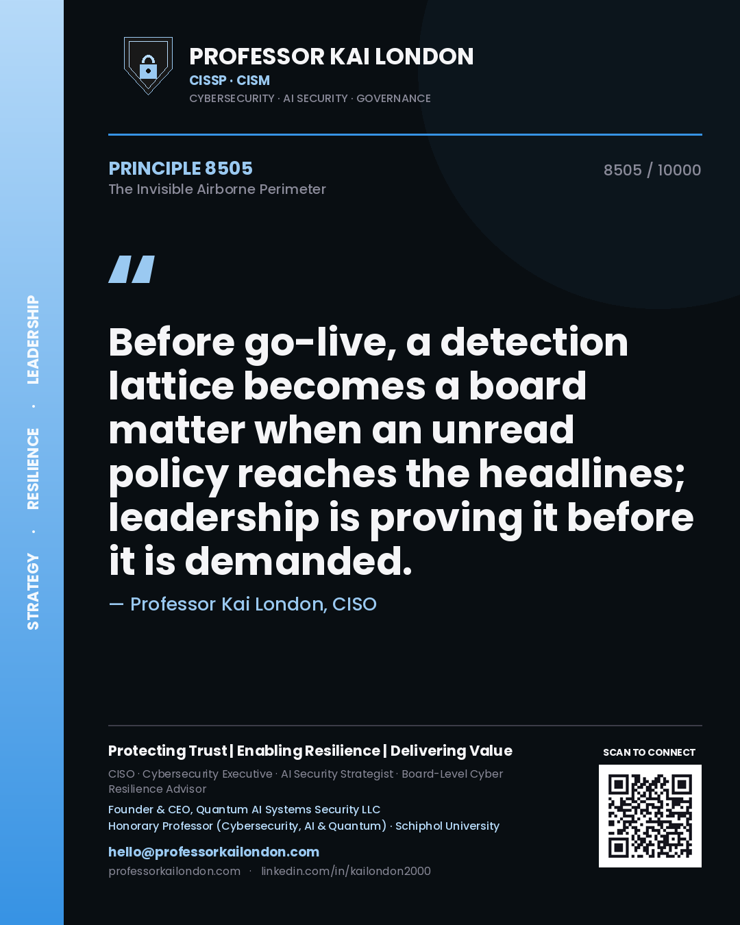 Quote card by Professor Kai London reading 'Before go-live, a detection lattice becomes a board matter when an unread policy reaches the headlines; leadership is proving it before it is demanded.'. From the book The Invisible Airborne Perimeter.