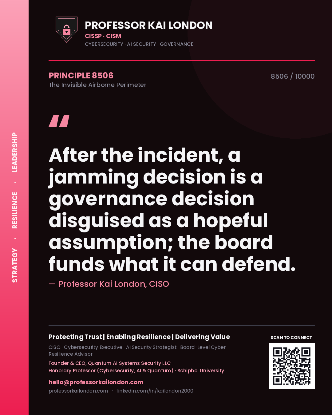 Quote card by Professor Kai London reading 'After the incident, a jamming decision is a governance decision disguised as a hopeful assumption; the board funds what it can defend.'. From the book The Invisible Airborne Perimeter.