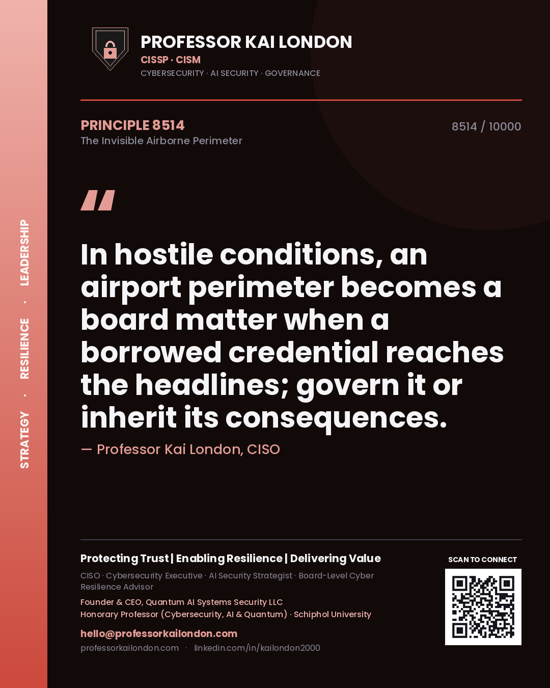 Quote card by Professor Kai London reading 'In hostile conditions, an airport perimeter becomes a board matter when a borrowed credential reaches the headlines; govern it or inherit its consequences.'. From the book The Invisible Airborne Perimeter.
