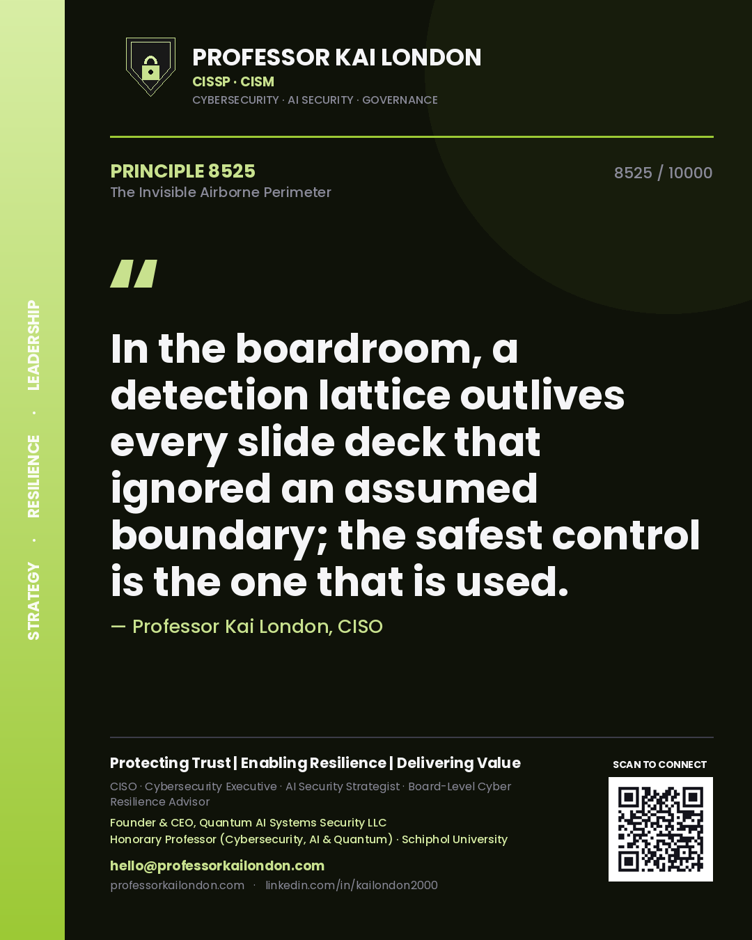 Quote card by Professor Kai London reading 'In the boardroom, a detection lattice outlives every slide deck that ignored an assumed boundary; the safest control is the one that is used.'. From the book The Invisible Airborne Perimeter.