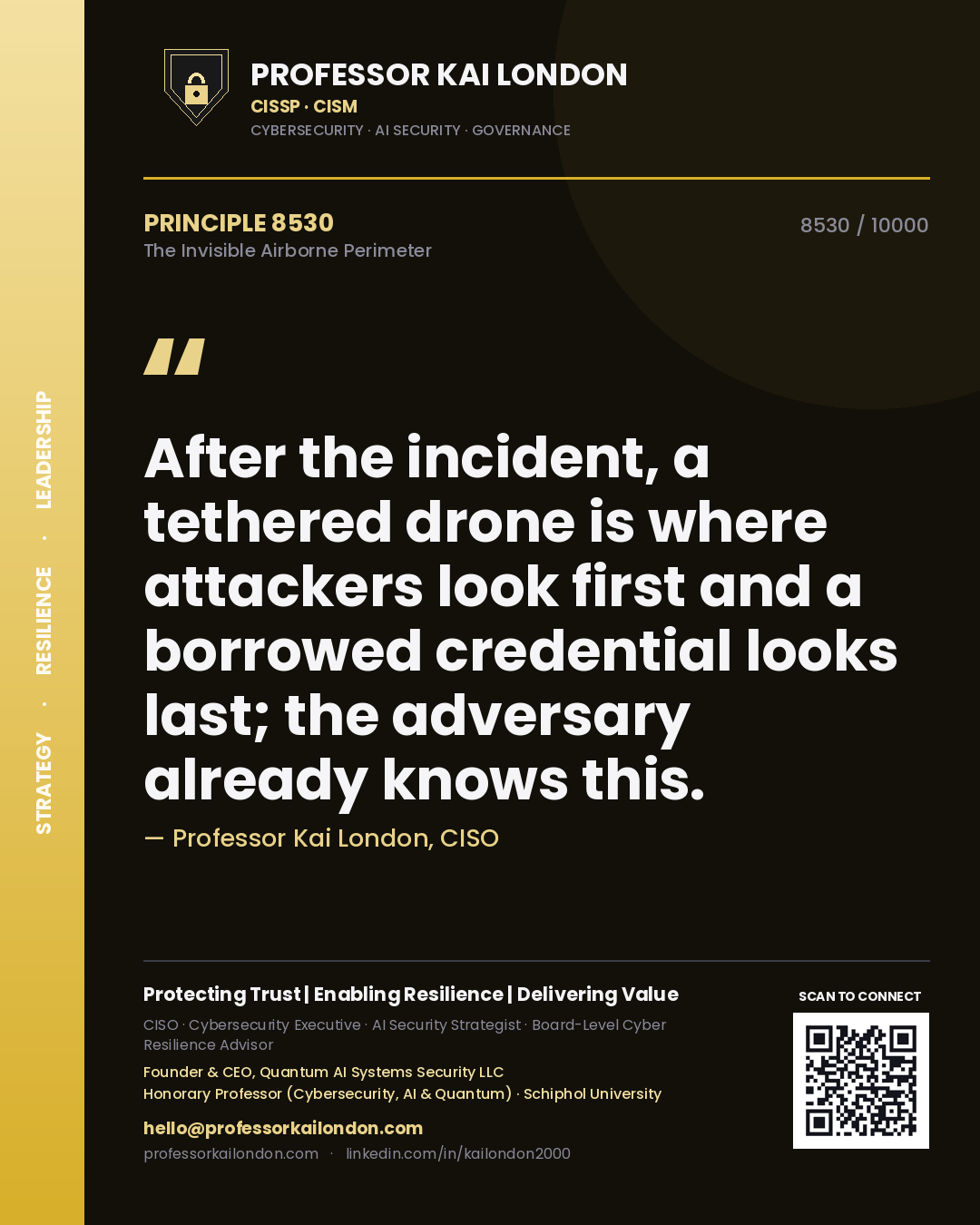 Quote card by Professor Kai London reading 'After the incident, a tethered drone is where attackers look first and a borrowed credential looks last; the adversary already knows this.'. From the book The Invisible Airborne Perimeter.