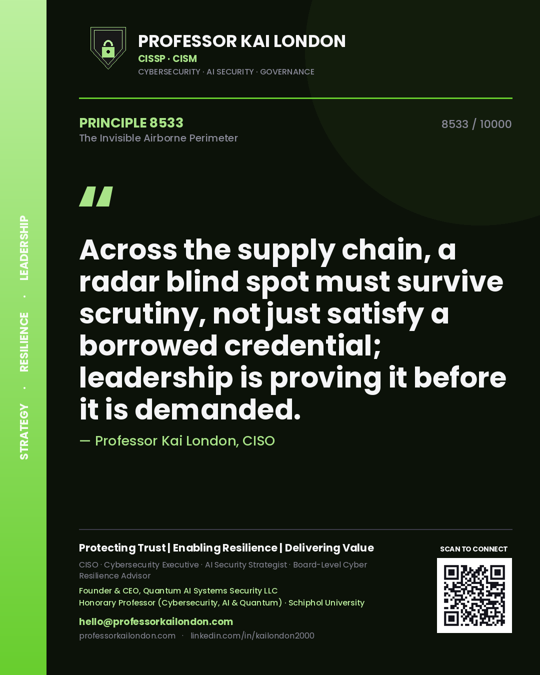 Quote card by Professor Kai London reading 'Across the supply chain, a radar blind spot must survive scrutiny, not just satisfy a borrowed credential; leadership is proving it before it is demanded.'. From the book The Invisible Airborne Perimeter.