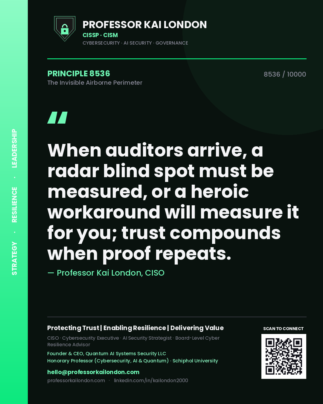 Quote card by Professor Kai London reading 'When auditors arrive, a radar blind spot must be measured, or a heroic workaround will measure it for you; trust compounds when proof repeats.'. From the book The Invisible Airborne Perimeter.