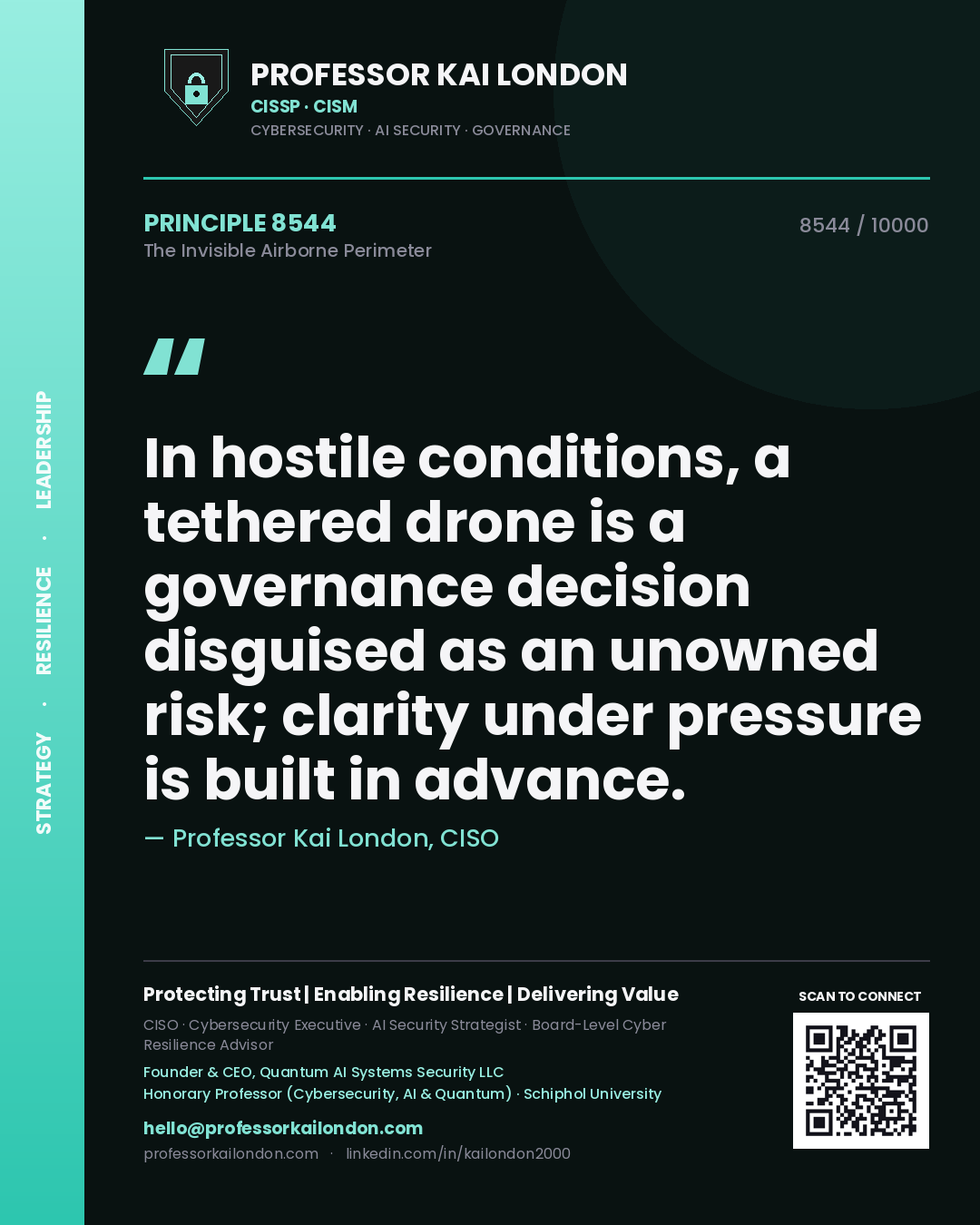 Quote card by Professor Kai London reading 'In hostile conditions, a tethered drone is a governance decision disguised as an unowned risk; clarity under pressure is built in advance.'. From the book The Invisible Airborne Perimeter.