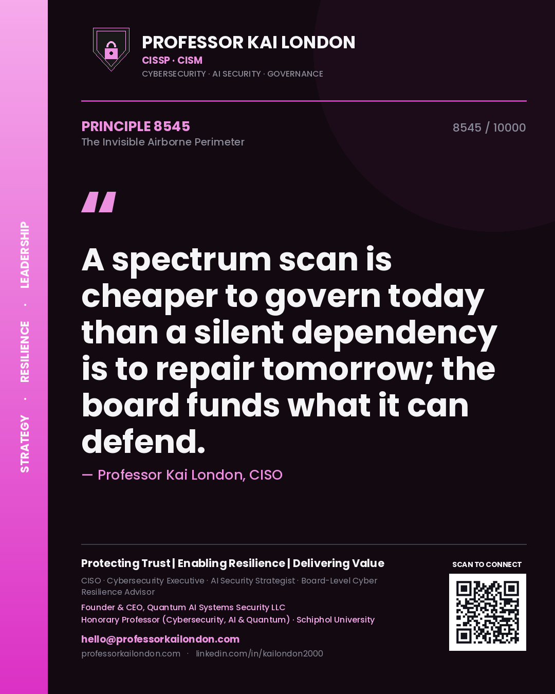 Quote card by Professor Kai London reading 'A spectrum scan is cheaper to govern today than a silent dependency is to repair tomorrow; the board funds what it can defend.'. From the book The Invisible Airborne Perimeter.