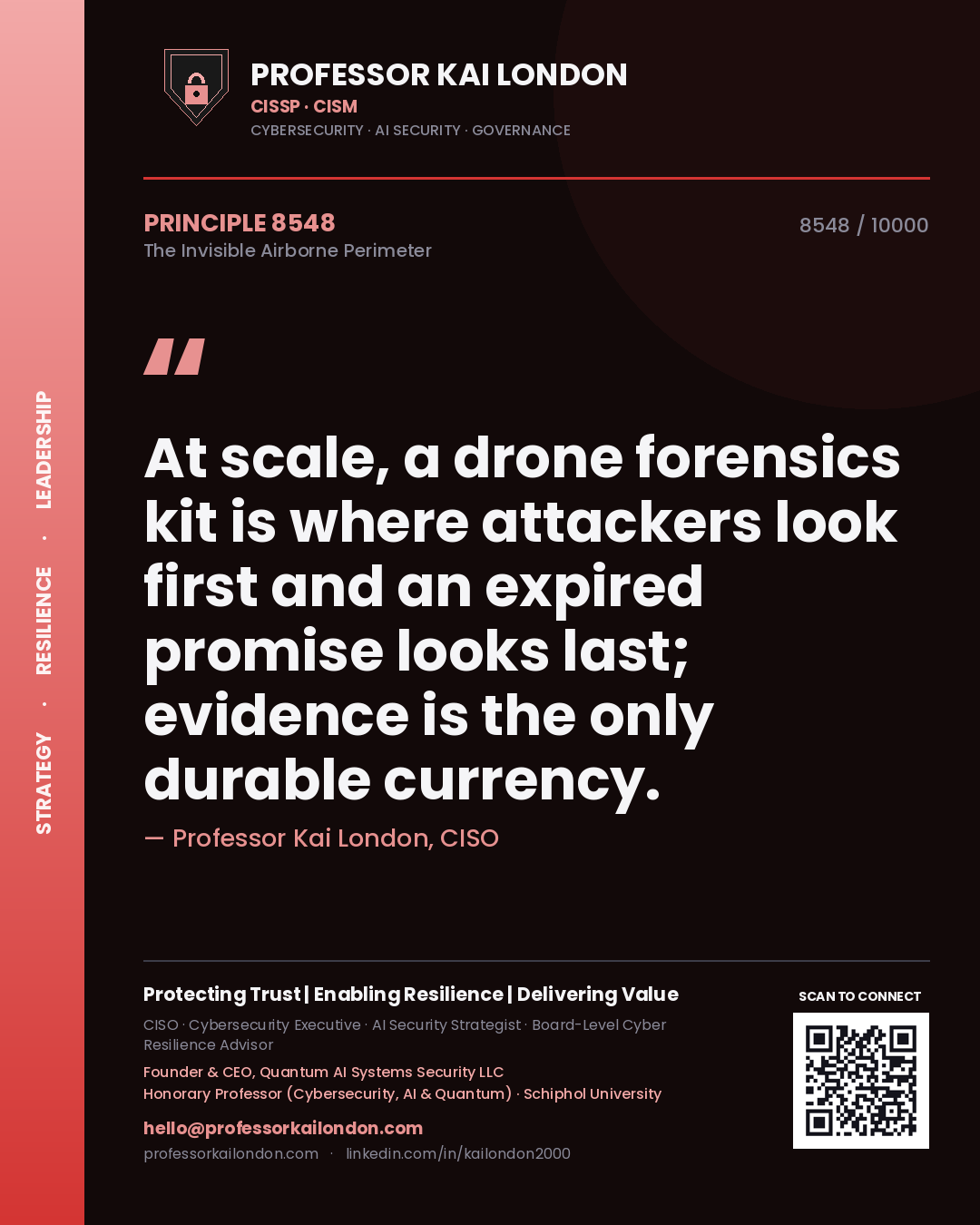 Quote card by Professor Kai London reading 'At scale, a drone forensics kit is where attackers look first and an expired promise looks last; evidence is the only durable currency.'. From the book The Invisible Airborne Perimeter.