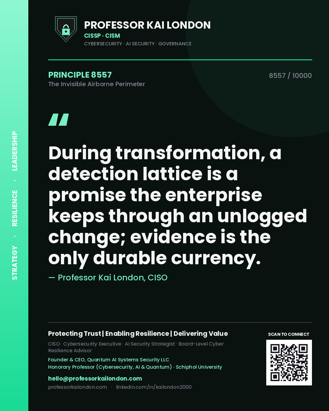 Professor Kai London principle 8557: During transformation, a detection lattice is a promise the enterprise keeps through an unlogged change; evidence is the only durable currency.