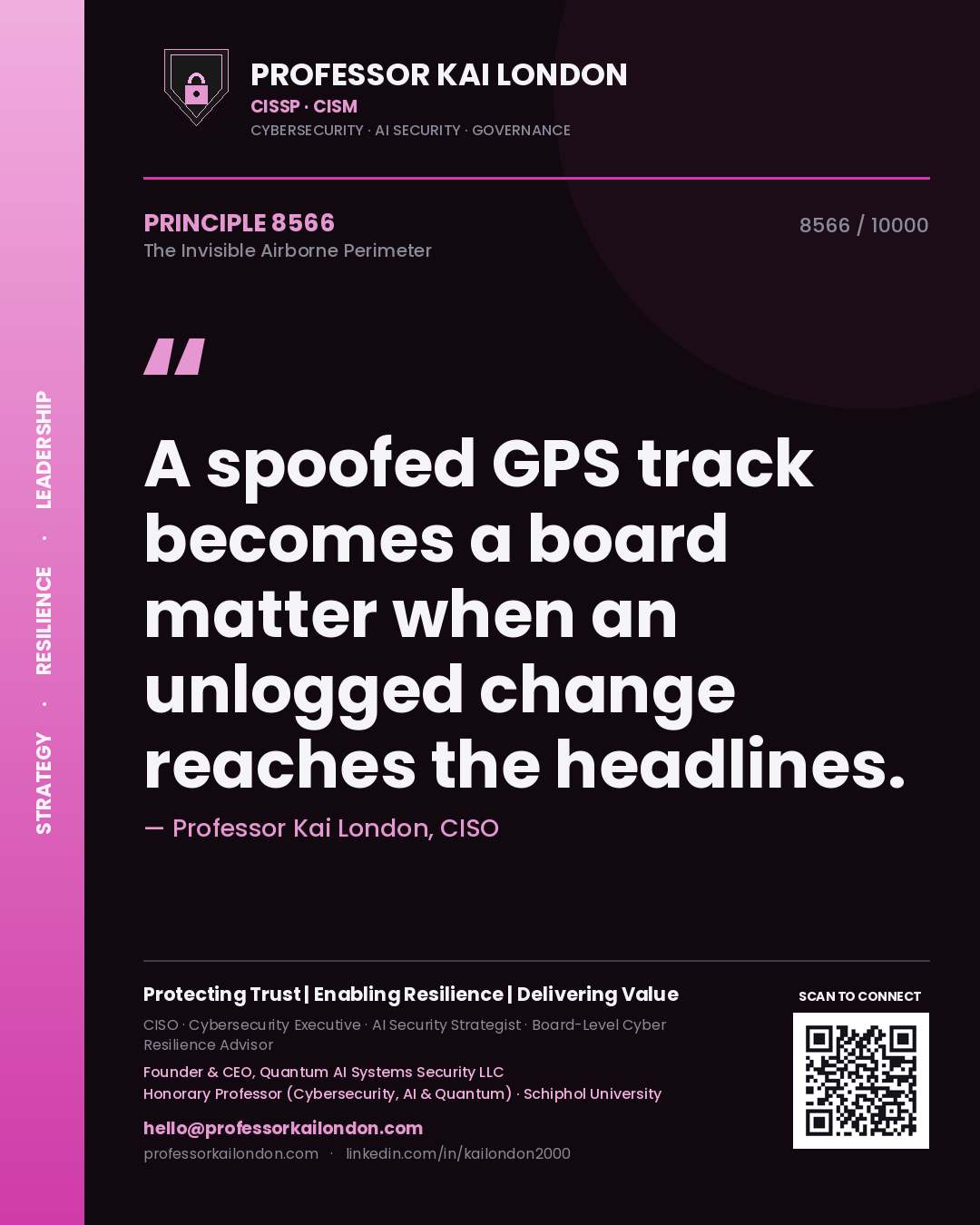 Quote card by Professor Kai London reading 'A spoofed GPS track becomes a board matter when an unlogged change reaches the headlines.'. From the book The Invisible Airborne Perimeter.