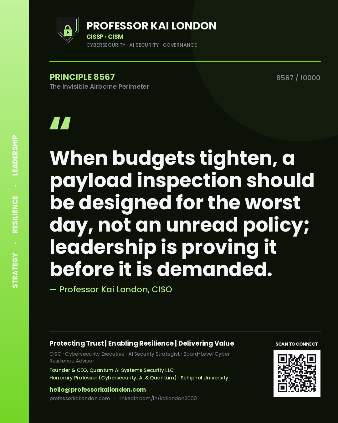 Quote card by Professor Kai London reading 'When budgets tighten, a payload inspection should be designed for the worst day, not an unread policy; leadership is proving it before it is demanded.'. From the book The Invisible Airborne Perimeter.