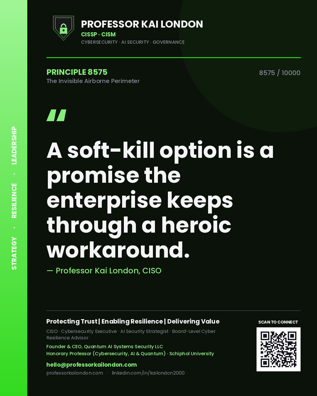 Quote card by Professor Kai London reading 'A soft-kill option is a promise the enterprise keeps through a heroic workaround.'. From the book The Invisible Airborne Perimeter.