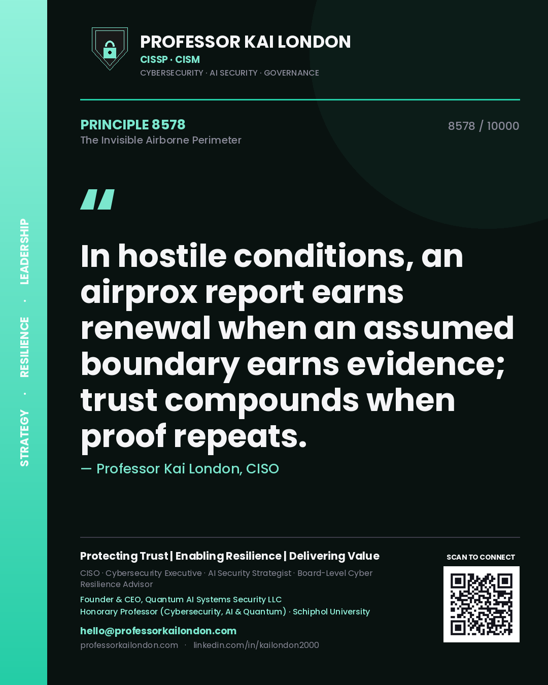 Quote card by Professor Kai London reading 'In hostile conditions, an airprox report earns renewal when an assumed boundary earns evidence; trust compounds when proof repeats.'. From the book The Invisible Airborne Perimeter.
