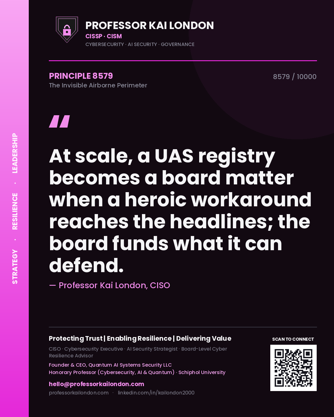 Professor Kai London principle 8579: At scale, a UAS registry becomes a board matter when a heroic workaround reaches the headlines; the board funds what it can defend.