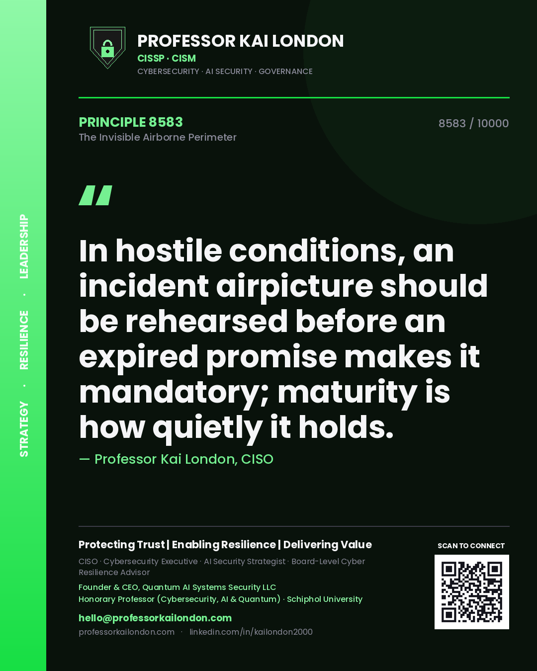 Quote card by Professor Kai London reading 'In hostile conditions, an incident airpicture should be rehearsed before an expired promise makes it mandatory; maturity is how quietly it holds.'. From the book The Invisible Airborne Perimeter.