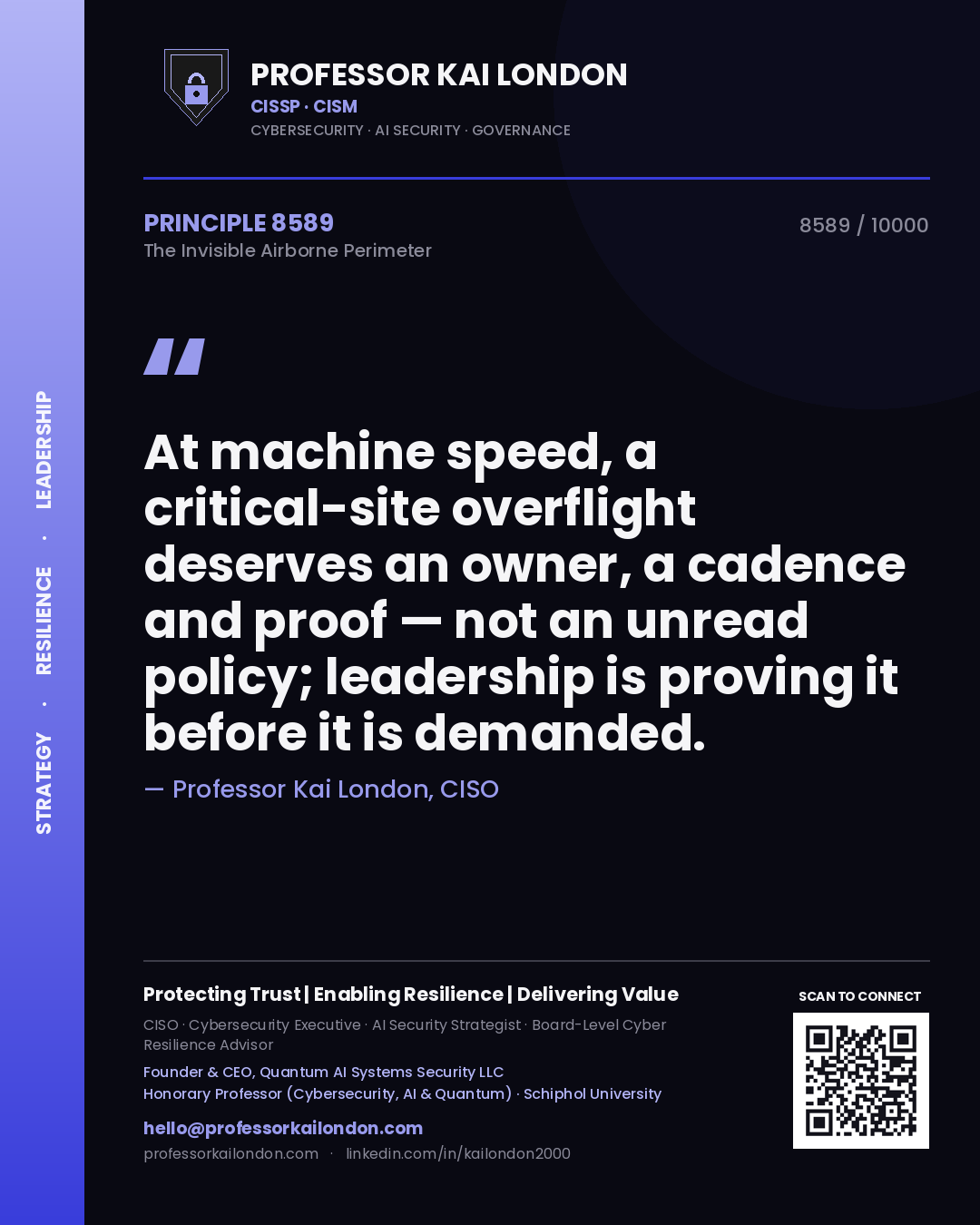Quote card by Professor Kai London reading 'At machine speed, a critical-site overflight deserves an owner, a cadence and proof — not an unread policy; leadership is proving it before it is demanded.'. From the book The Invisible Airborne Perimeter.
