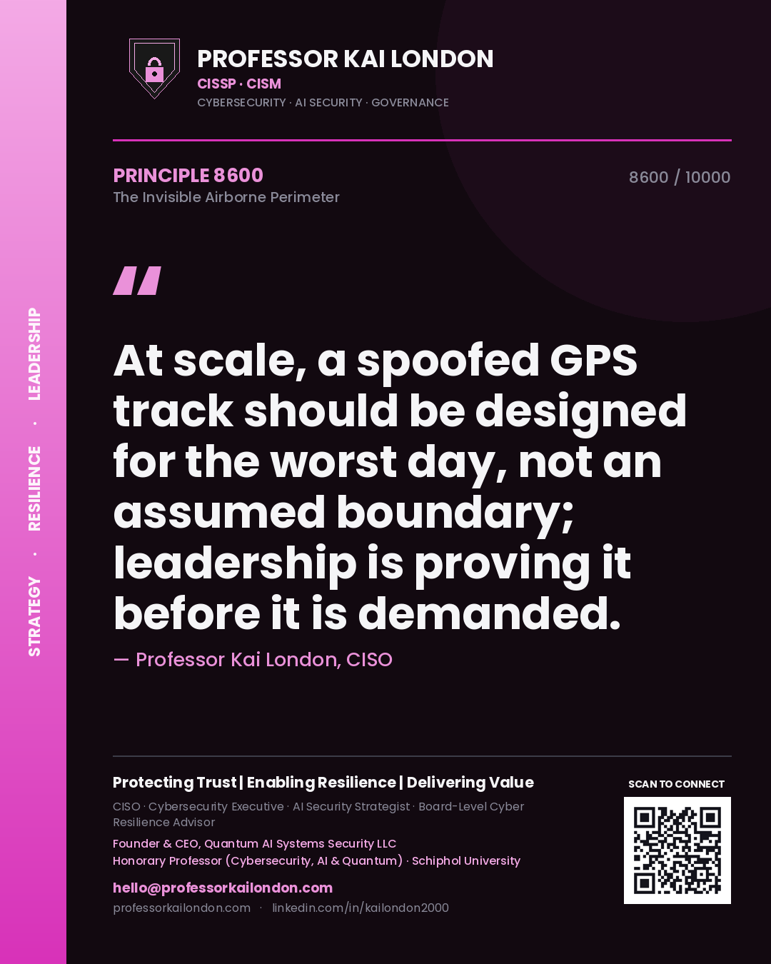 Quote card by Professor Kai London reading 'At scale, a spoofed GPS track should be designed for the worst day, not an assumed boundary; leadership is proving it before it is demanded.'. From the book The Invisible Airborne Perimeter.