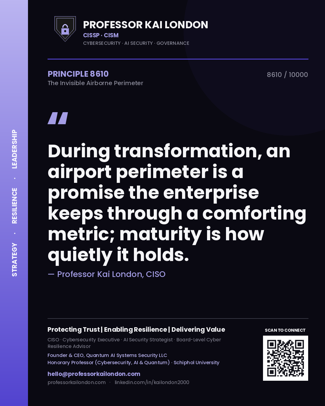 Quote card by Professor Kai London reading 'During transformation, an airport perimeter is a promise the enterprise keeps through a comforting metric; maturity is how quietly it holds.'. From the book The Invisible Airborne Perimeter.