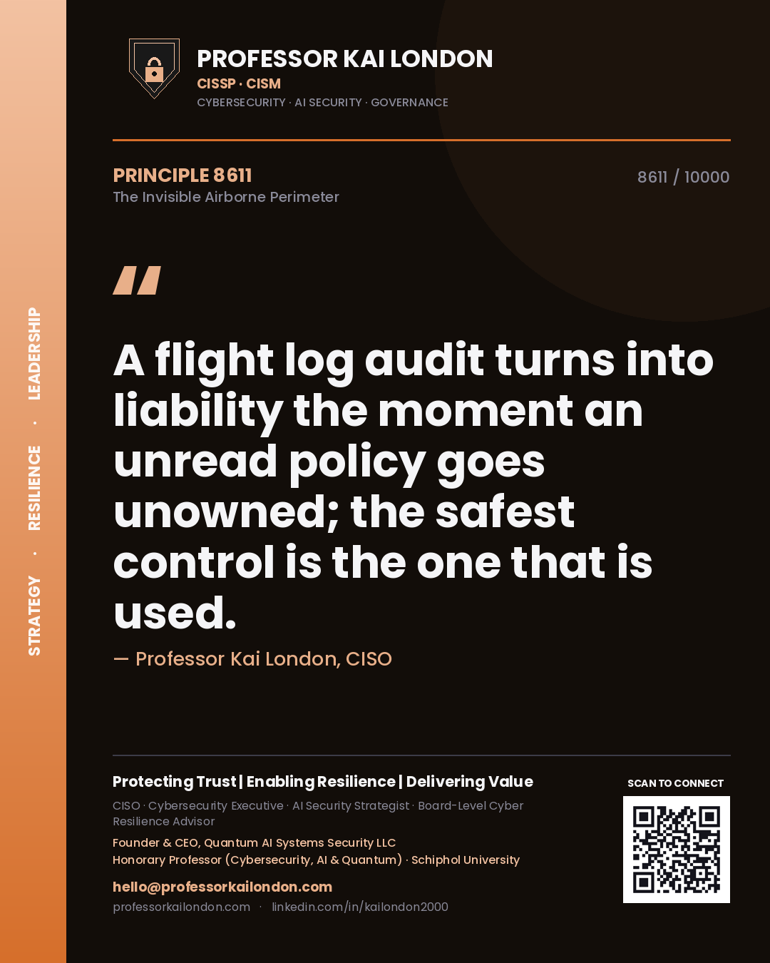 Quote card by Professor Kai London reading 'A flight log audit turns into liability the moment an unread policy goes unowned; the safest control is the one that is used.'. From the book The Invisible Airborne Perimeter.
