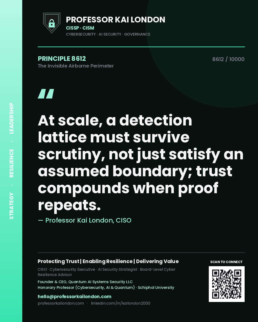 Quote card by Professor Kai London reading 'At scale, a detection lattice must survive scrutiny, not just satisfy an assumed boundary; trust compounds when proof repeats.'. From the book The Invisible Airborne Perimeter.