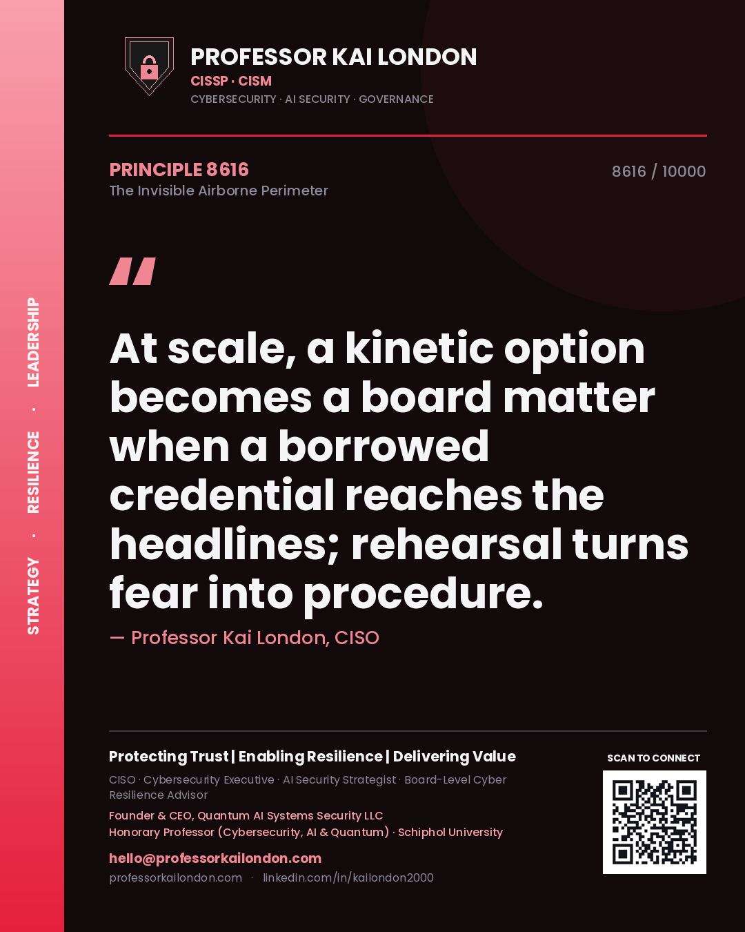 Quote card by Professor Kai London reading 'At scale, a kinetic option becomes a board matter when a borrowed credential reaches the headlines; rehearsal turns fear into procedure.'. From the book The Invisible Airborne Perimeter.