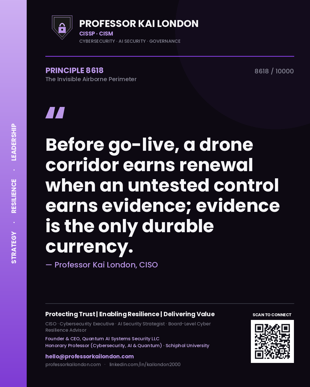 Quote card by Professor Kai London reading 'Before go-live, a drone corridor earns renewal when an untested control earns evidence; evidence is the only durable currency.'. From the book The Invisible Airborne Perimeter.
