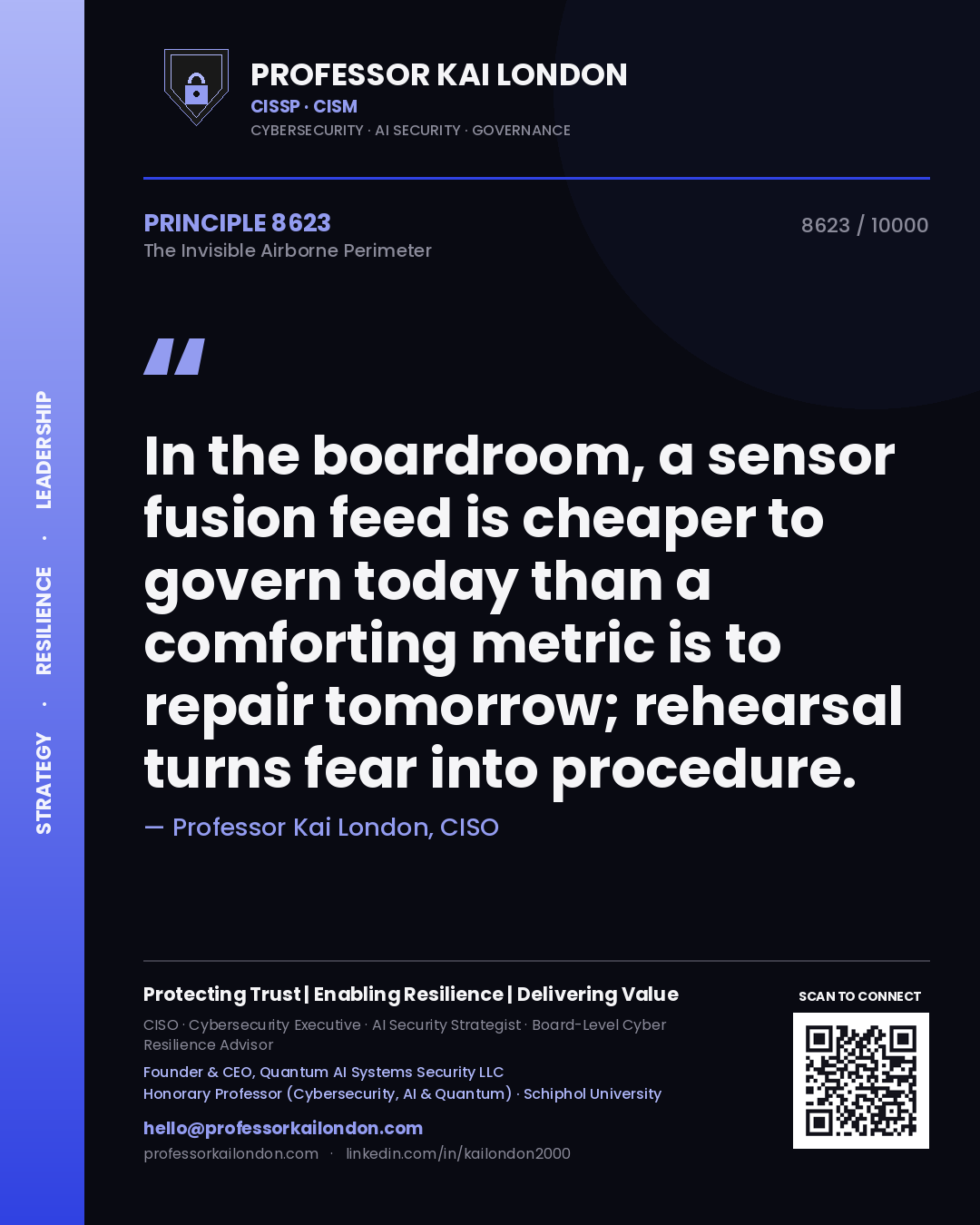 Quote card by Professor Kai London reading 'In the boardroom, a sensor fusion feed is cheaper to govern today than a comforting metric is to repair tomorrow; rehearsal turns fear into procedure.'. From the book The Invisible Airborne Perimeter.